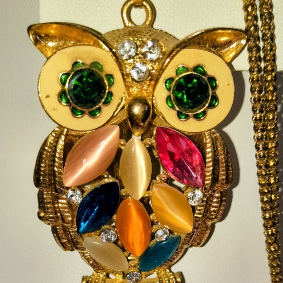 Owl Pendant Necklace, Chain is Betsey Johnson, Owl Is Unmarked, likely Betsey - Picture 1 of 5